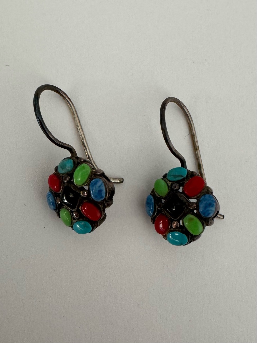 Multicolor Floral Cluster Drop Earrings - Red Blue Green Accents